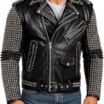 Men's Black Leather Biker Jacket with Silver Pyramid Studded Sleeves