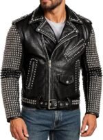 Men's Black Leather Biker Jacket with Silver Pyramid Studded Sleeves