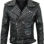 Men's Black Leather Biker Jacket with Silver Studded Collar and Belted Waist