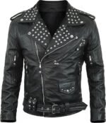 Men's Black Leather Biker Jacket with Silver Studded Collar and Belted Waist