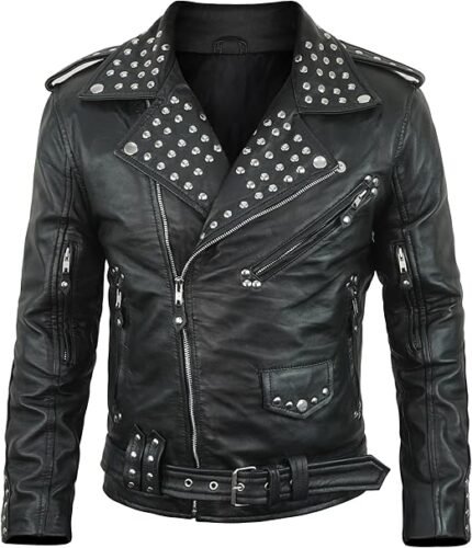 Men's Black Leather Biker Jacket with Silver Studded Collar and Belted Waist