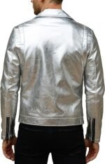 Men's Silver PU Faux Leather Biker Jacket Asymmetric Zip Belted Waist - Image 3