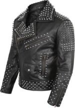 Men's Black Leather Biker Jacket with Silver Studs and Spikes Detailing - Image 3