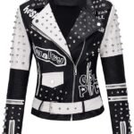 Women’s Black & White Faux Leather Studded Graffiti Moto Biker Jacket