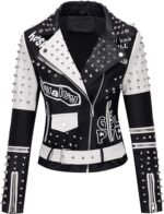 Women’s Black & White Faux Leather Studded Graffiti Moto Biker Jacket