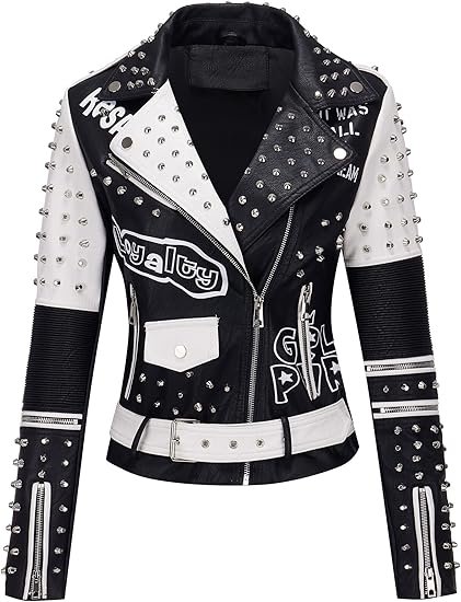Women’s Black & White Faux Leather Studded Graffiti Moto Biker Jacket