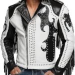 Men's White and Black Leather Biker Jacket with Silver Studs and Fringe
