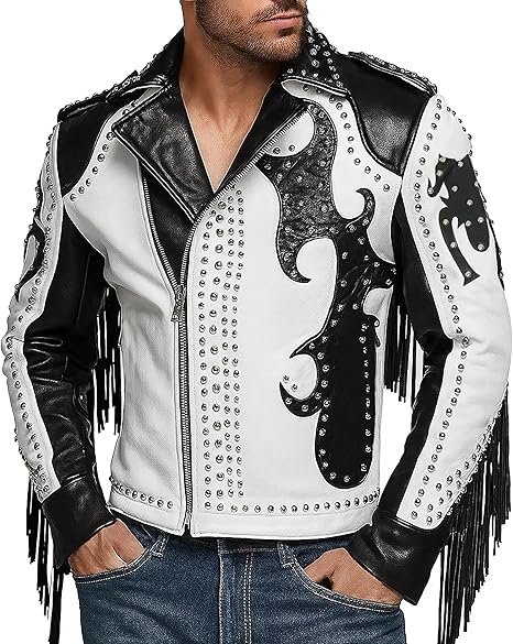 Men's White and Black Leather Biker Jacket with Silver Studs and Fringe Men's White and Black Leather Biker Jacket with Silver Studs and Fringe