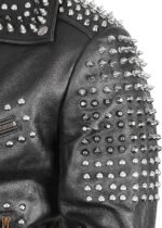 Men's Black Leather Biker Jacket with Silver Studs and Spikes Detailing - Image 2
