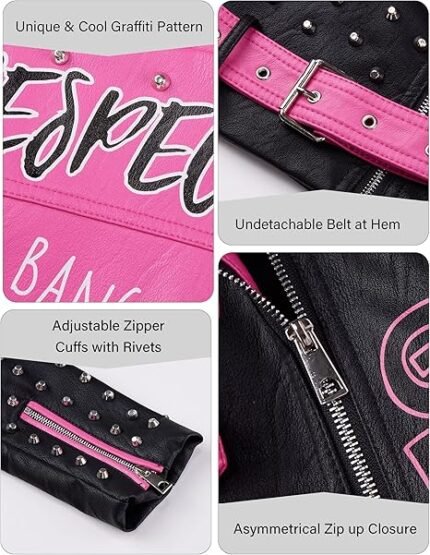 Women’s Pink & Black Faux Leather Studded Punk Biker Jacket