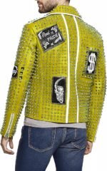 Men's Yellow Studded Leather Biker Jacket with Graphic Patch