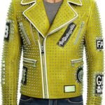Men's Yellow Studded Leather Biker Jacket with Graphic Patch