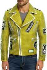 Men's Yellow Studded Leather Biker Jacket with Graphic Patch
