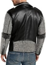 Men's Black Leather Biker Jacket with Silver Pyramid Studded Sleeves
