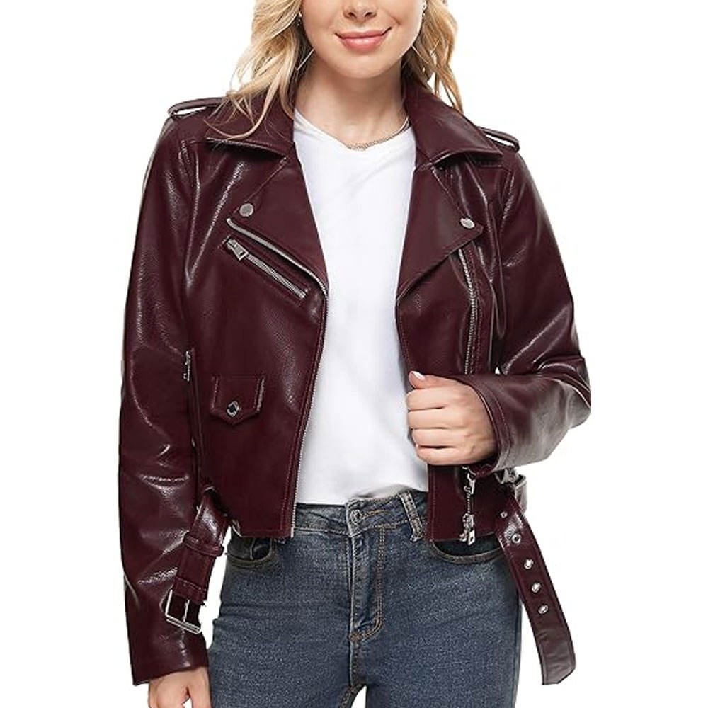 Women’s Burgundy Faux Leather Moto Biker Jacket Women’s Burgundy Faux Leather Moto Biker Jacket