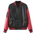 Women's Black and Red Genuine Leather Varsity Style Jacket