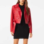 Women’s Red Faux Leather Cropped Moto Jacket - Image 4