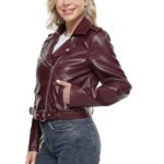 Women’s Burgundy Faux Leather Moto Biker Jacket - Image 4