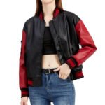 Women's Black and Red Genuine Leather Varsity Style Jacket - Image 2