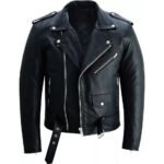 Classic Black Leather Biker Jacket with Silver Hardware