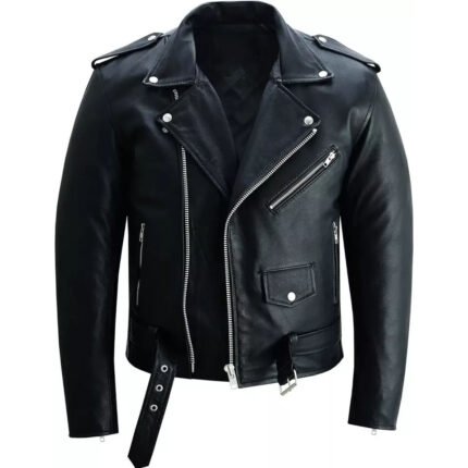 Classic Black Leather Biker Jacket with Silver Hardware