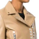 Women's Tan Genuine Leather Studded Crop Moto leather Jacket - Image 3