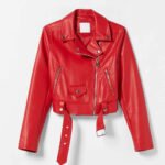 Women’s Red Faux Leather Cropped Moto Jacket 