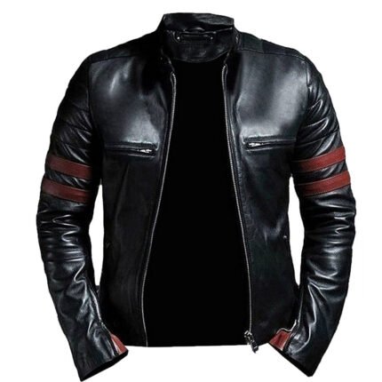 Men’s Black Leather Cafe Racer Jacket with Red Stripes