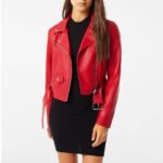Women’s Red Faux Leather Cropped Moto Jacket - Image 2