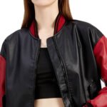 Women's Black and Red Genuine Leather Varsity Style Jacket - Image 3