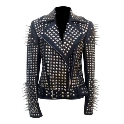 Edgy Women’s Genuine Leather Jacket – Black Punk Biker Style with Studs & Spikes write