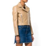 Women's Tan Genuine Leather Studded Crop Moto leather Jacket - Image 5