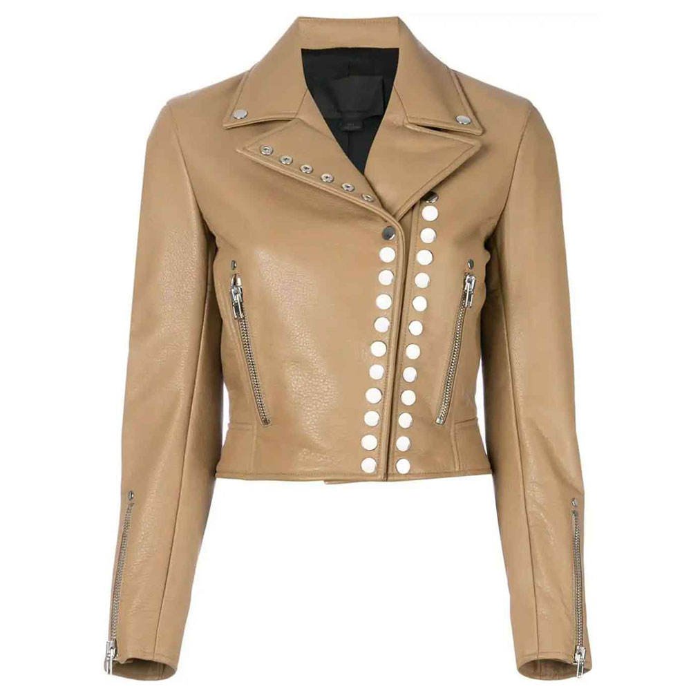 Women's Tan Genuine Leather Studded Crop Moto leather Jacket Women's Tan Genuine Leather Studded Crop Moto leather Jacket