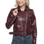 Women’s Burgundy Faux Leather Moto Biker Jacket - Image 3