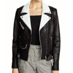 Women’s Black and White Faux Leather Moto Biker Jacket