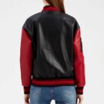 Women's Black and Red Genuine Leather Varsity Style Jacket - Image 6