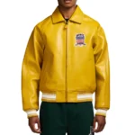 Men's Yellow PU Faux Leather Bomber Jacket  Varsity Patch
