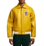 Men's Yellow PU Faux Leather Bomber Jacket  Varsity Patch