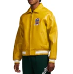 Men's Yellow PU Faux Leather Bomber Jacket  Varsity Patch - Image 3