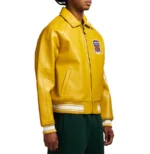 Men's Yellow PU Faux Leather Bomber Jacket  Varsity Patch - Image 2