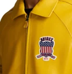 Men's Yellow PU Faux Leather Bomber Jacket  Varsity Patch - Image 6