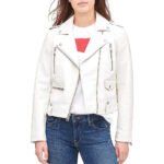 Women’s White Faux Leather Moto Biker Jacket Classic Slim Fit Zippered Coat - Image 2