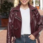 Women’s Burgundy Faux Leather Moto Biker Jacket - Image 2