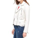Women’s White Faux Leather Moto Biker Jacket Classic Slim Fit Zippered Coat - Image 3