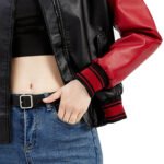 Women's Black and Red Genuine Leather Varsity Style Jacket - Image 5