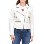 Women’s White Faux Leather Moto Biker Jacket Classic Slim Fit Zippered Coat