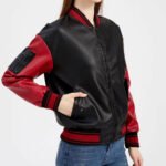 Women's Black and Red Genuine Leather Varsity Style Jacket - Image 4