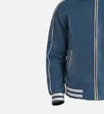 Men’s Blue Leather Varsity Bomber Jacket with White Stripes - Image 2