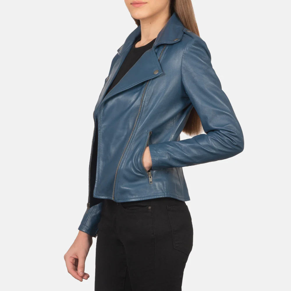 Blue Leather Biker Jacket - Image 2