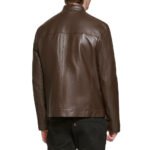 Men’s Brown Leather Moto Jacket Minimalist Stand Collar Design - Image 4